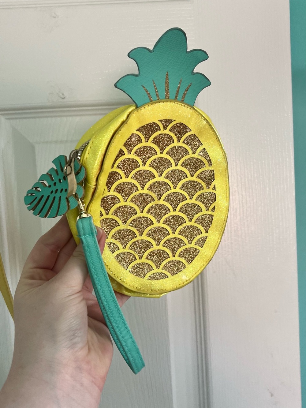 Pineapple-Shaped Yellow and Teal Wristlet Bag